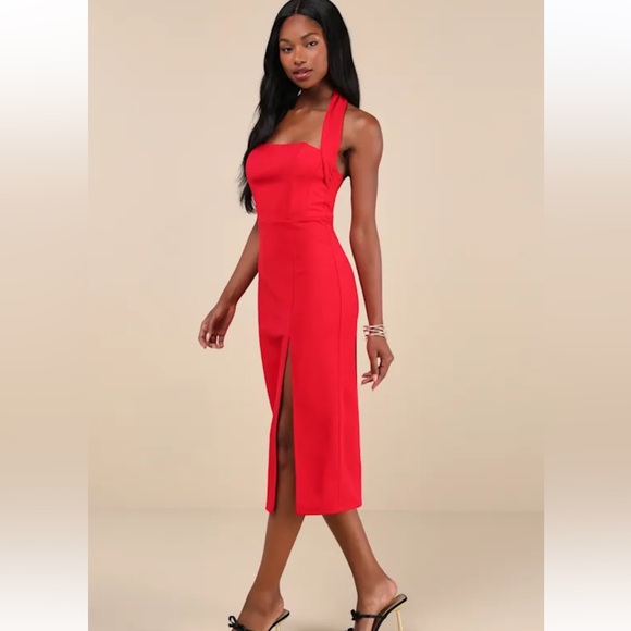 Lulus Dresses & Skirts - Lulu’s NWT Irresistible Silhouette Red Backless Bustier Halter Midi Dress